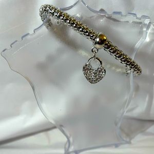 NEW Fashion Stretch Silver-Tone Rhinestone LockHeart with Faux Key Hole Bracelet